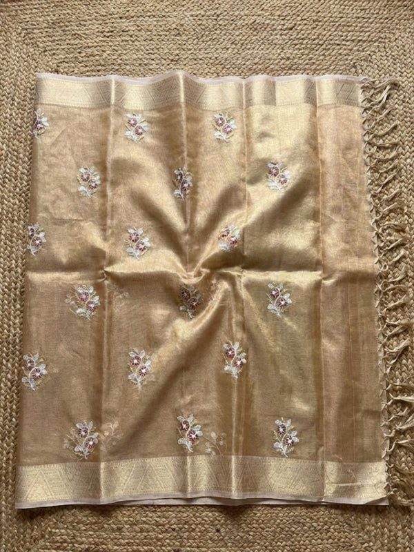 Indiehaat | Kota Doria Semi Silk Embroidery Saree Gold