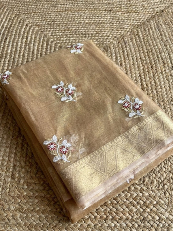 Indiehaat | Kota Doria Semi Silk Embroidery Saree Gold