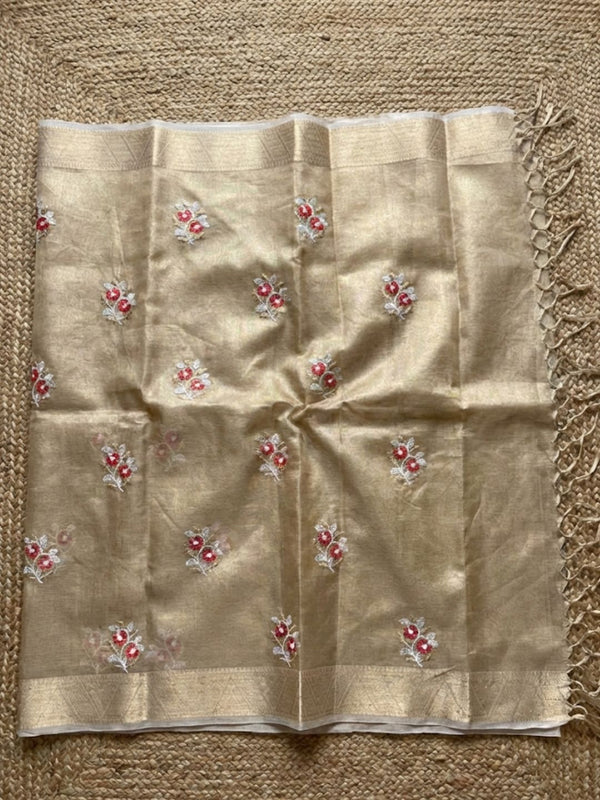 Indiehaat | Kota Doria Semi Silk Embroidery Saree Gold