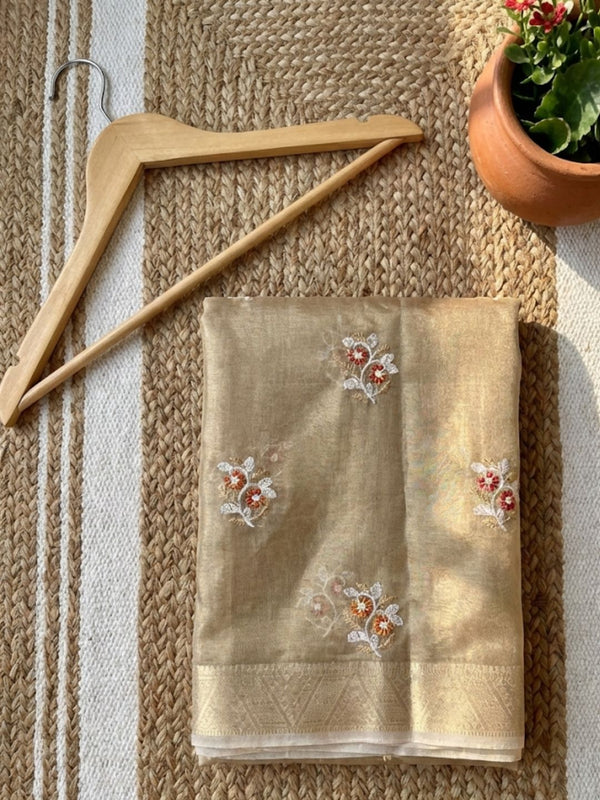 Indiehaat | Kota Doria Semi Silk Embroidery Saree Gold