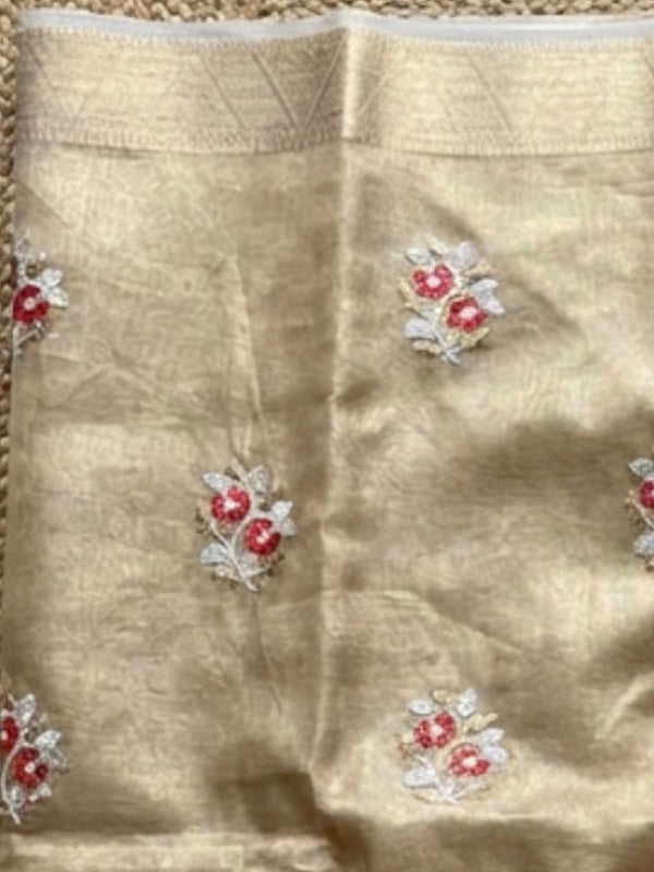 Indiehaat | Kota Doria Semi Silk Embroidery Saree Gold