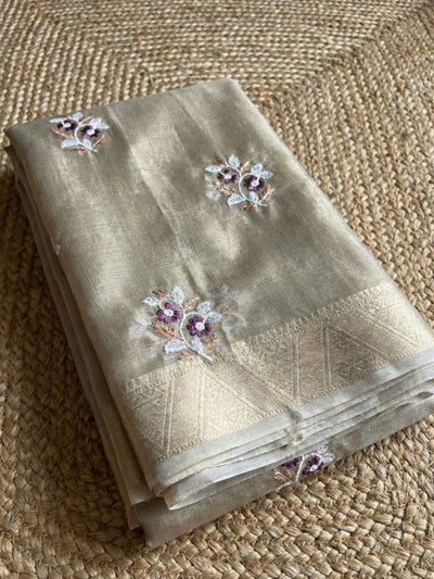 Indiehaat | Kota Doria Semi Silk Embroidery Saree Bronze
