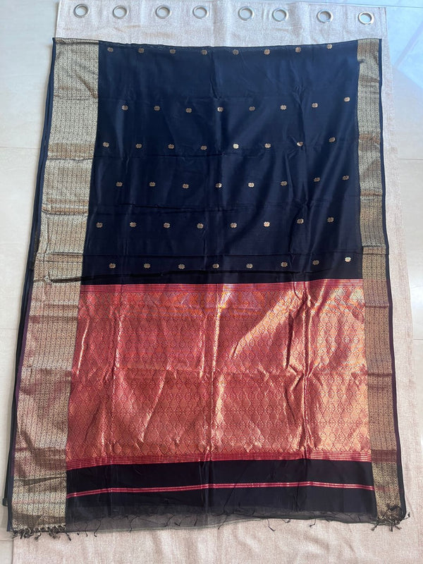 Handloom Maheshwari Silk Saree Black | Indiehaat
