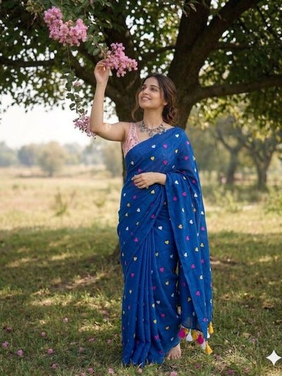Sunehri Mul Cotton Embroidered Blue Saree