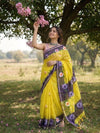 Indiehaat | Handpainted Kota Doria Saree Yellow & Purple