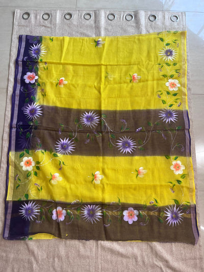 Indiehaat | Handpainted Kota Doria Saree Yellow & Purple