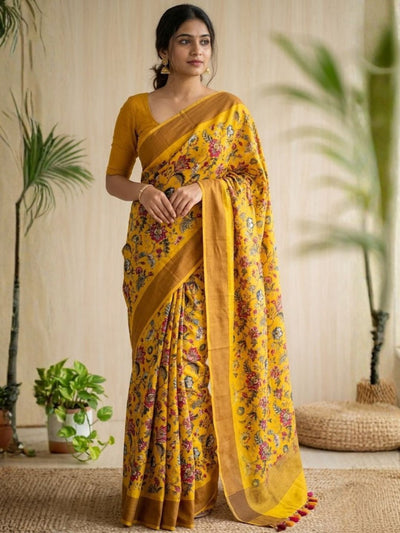 Indiehaat | Blockprint Modal Silk Saree Yellow