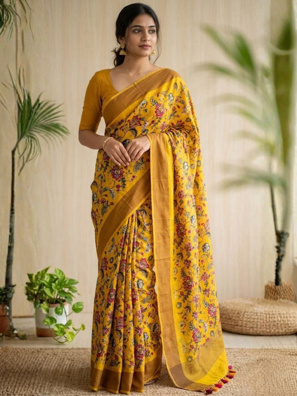 Indiehaat | Blockprint Modal Silk Saree Yellow