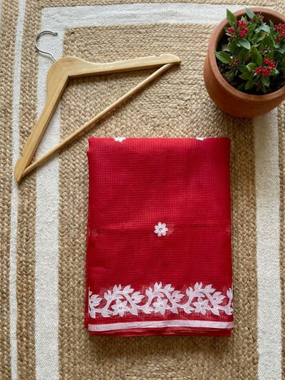 Bunaiya Pure Noil Kota Cotton Saree Red
