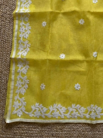 Indiehaat | Noil Kota Cotton Embroidery Saree Yellow