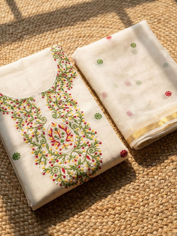 Indiehaat | Kota Cotton Embroidery Suit Material White