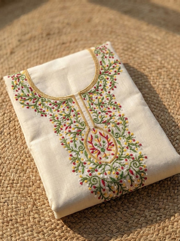 Indiehaat | Kota Cotton Embroidery Suit Material White