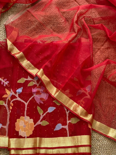 Indiehaat | Muslin Silk Jamdani Handwork Saree Red