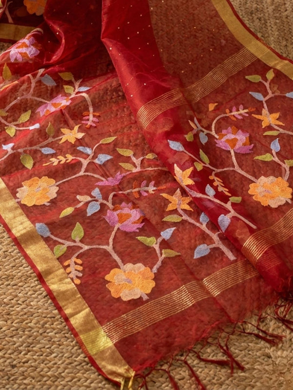 Indiehaat | Muslin Silk Jamdani Handwork Saree Red