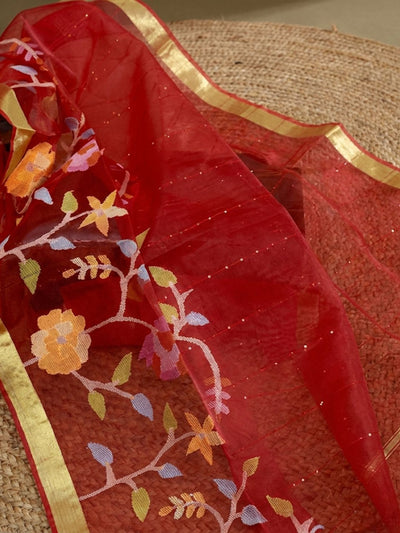Indiehaat | Muslin Silk Jamdani Handwork Saree Red