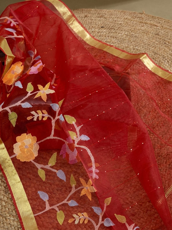Indiehaat | Muslin Silk Jamdani Handwork Saree Red