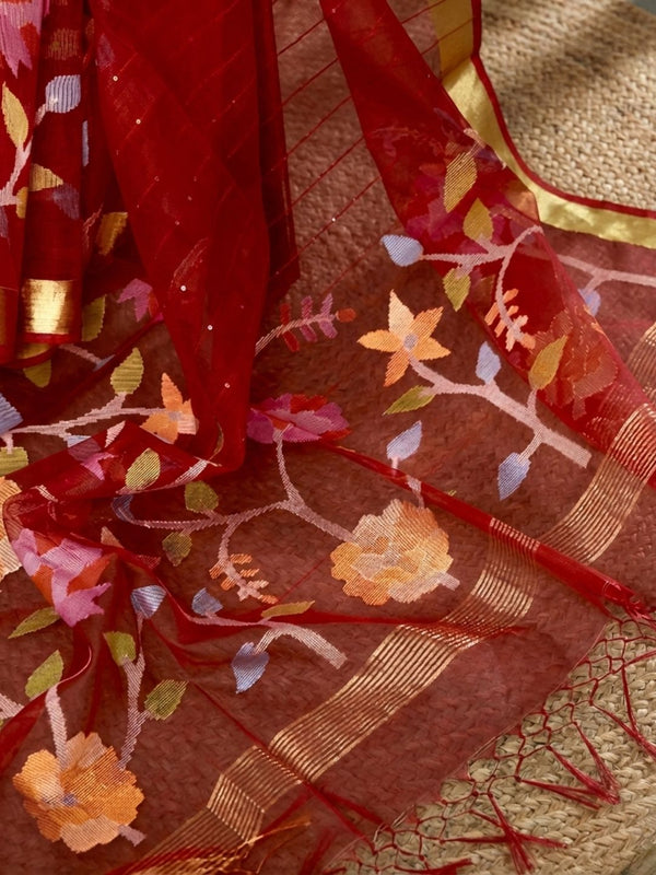 Indiehaat | Muslin Silk Jamdani Handwork Saree Red