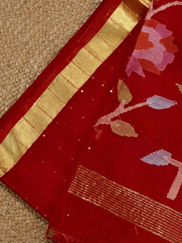 Indiehaat | Muslin Silk Jamdani Handwork Saree Red