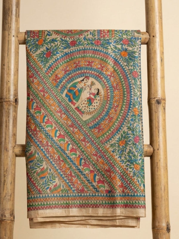 Indiehaat | Ghicha Tussar Madhubani Silk Saree Beige