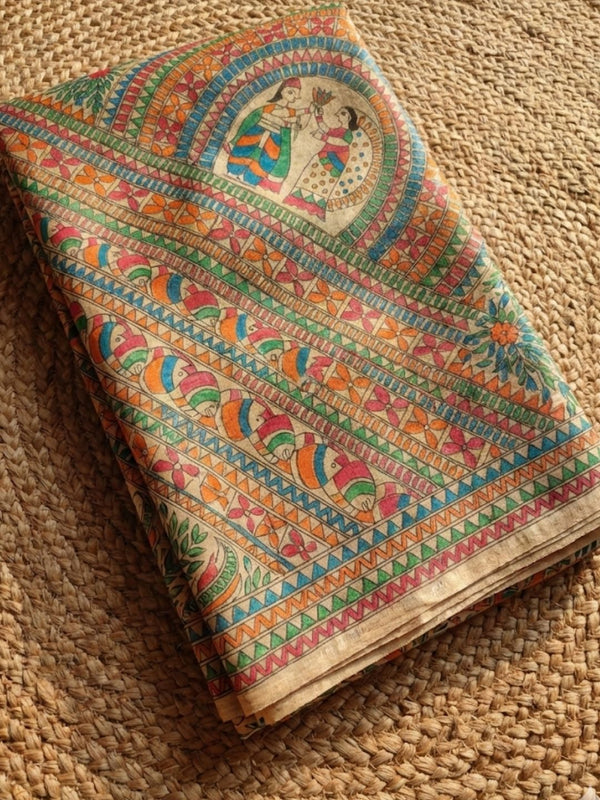 Indiehaat | Ghicha Tussar Madhubani Silk Saree Beige