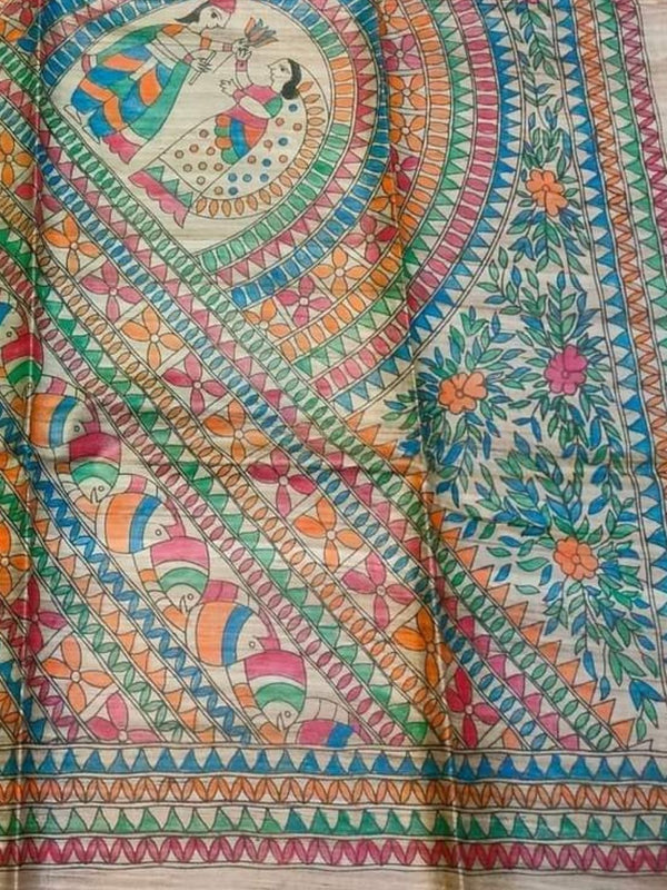 Indiehaat | Ghicha Tussar Madhubani Silk Saree Beige