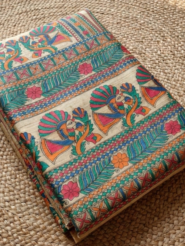 Indiehaat | Ghicha Tussar Madhubani Silk Saree Beige