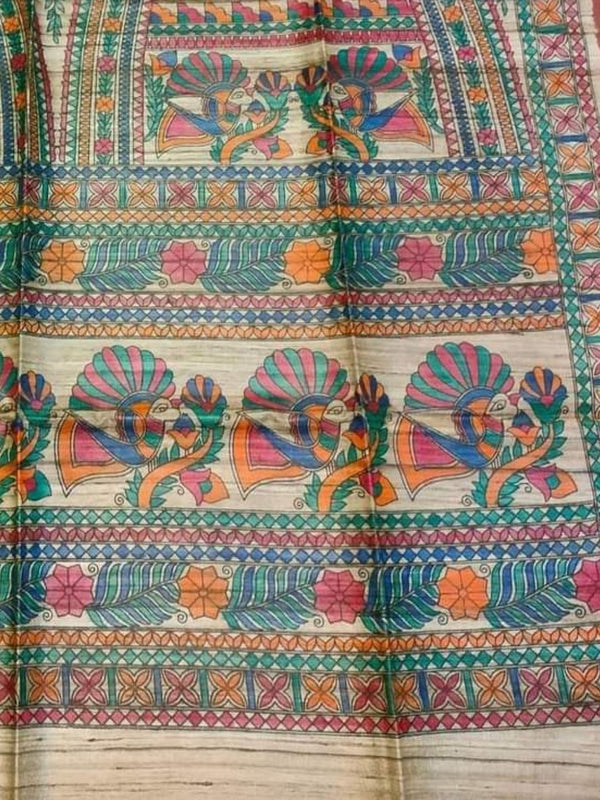 Indiehaat | Ghicha Tussar Madhubani Silk Saree Beige
