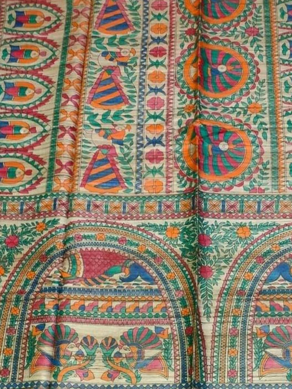 Indiehaat | Ghicha Tussar Madhubani Silk Saree Beige
