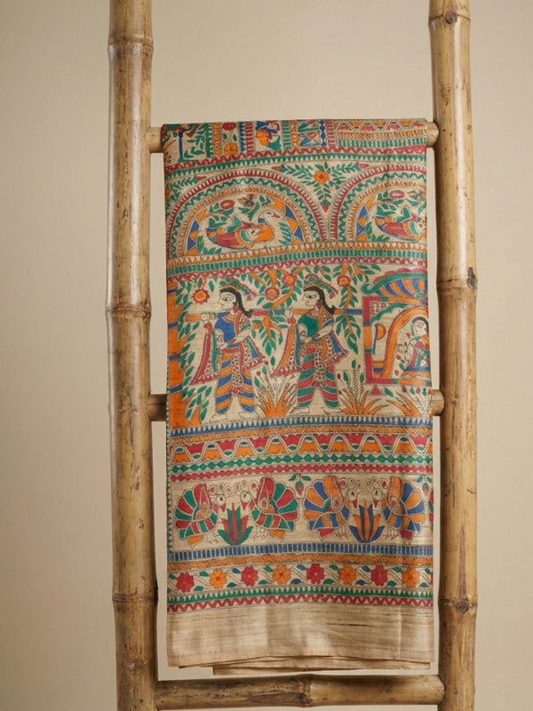 Indiehaat | Ghicha Tussar Madhubani Silk Saree Beige