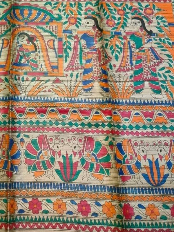 Indiehaat | Ghicha Tussar Madhubani Silk Saree Beige
