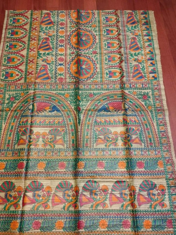 Indiehaat | Ghicha Tussar Madhubani Silk Saree Beige