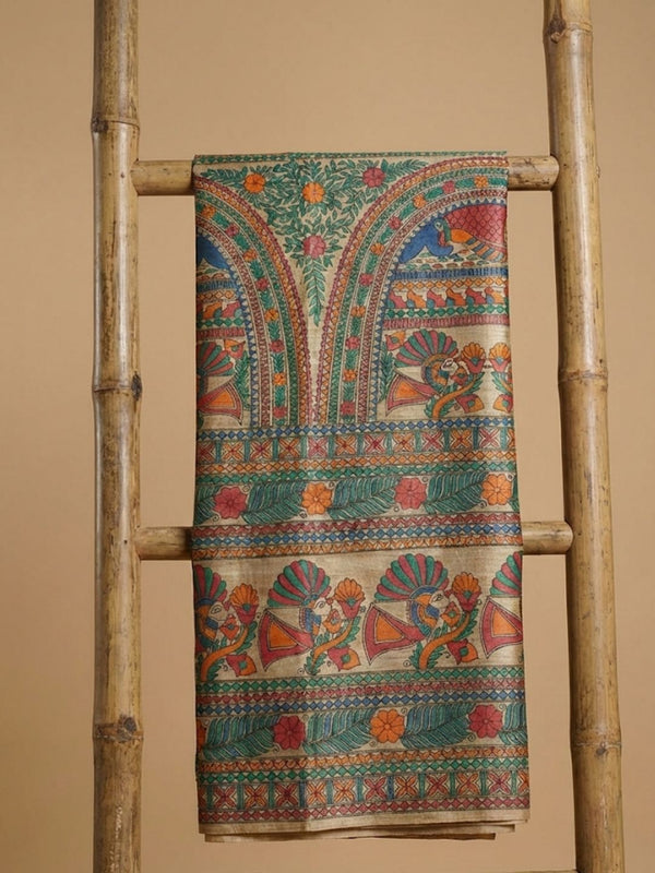 Indiehaat | Ghicha Tussar Madhubani Silk Saree Beige