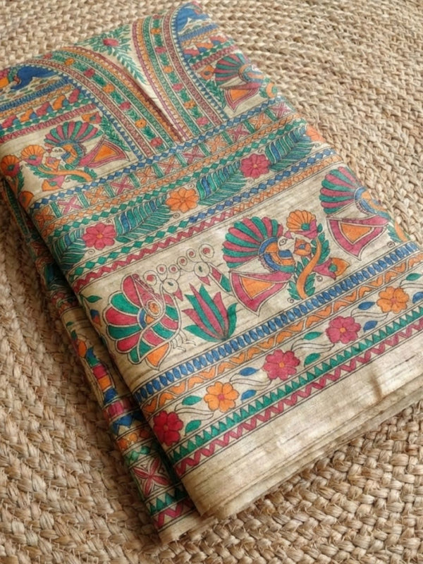 Indiehaat | Ghicha Tussar Madhubani Silk Saree Beige