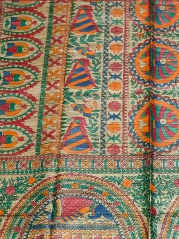 Indiehaat | Ghicha Tussar Madhubani Silk Saree Beige