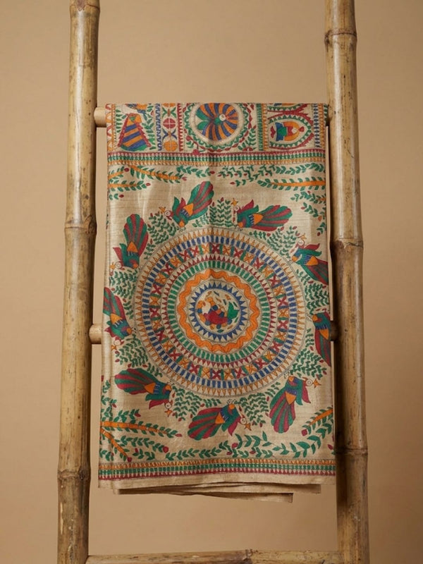 Indiehaat | Ghicha Tussar Madhubani Silk Saree Beige
