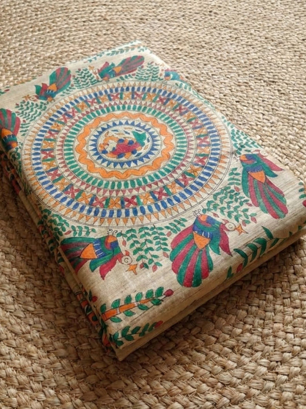Indiehaat | Ghicha Tussar Madhubani Silk Saree Beige