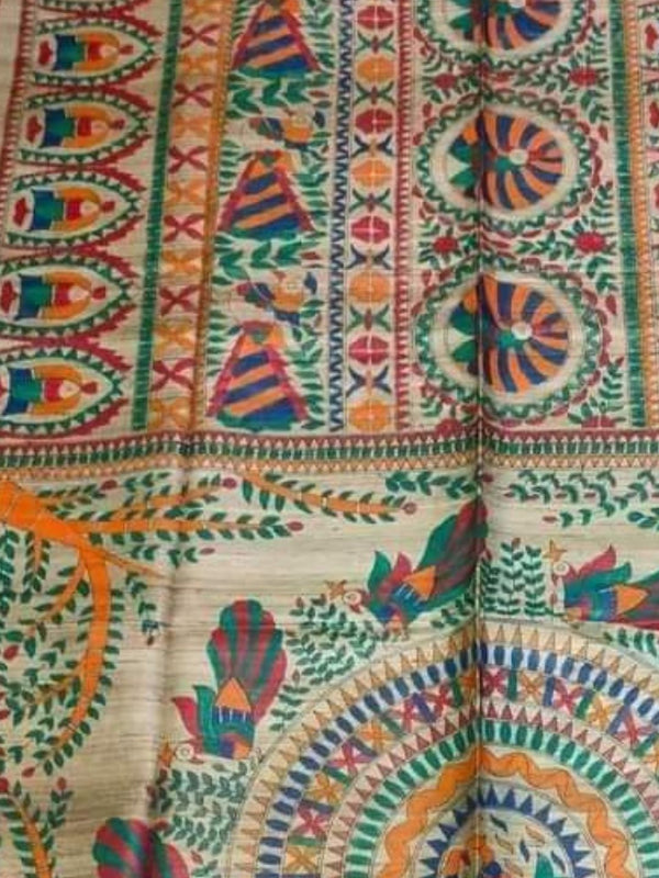 Indiehaat | Ghicha Tussar Madhubani Silk Saree Beige
