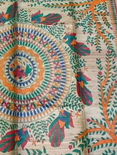 Indiehaat | Ghicha Tussar Madhubani Silk Saree Beige
