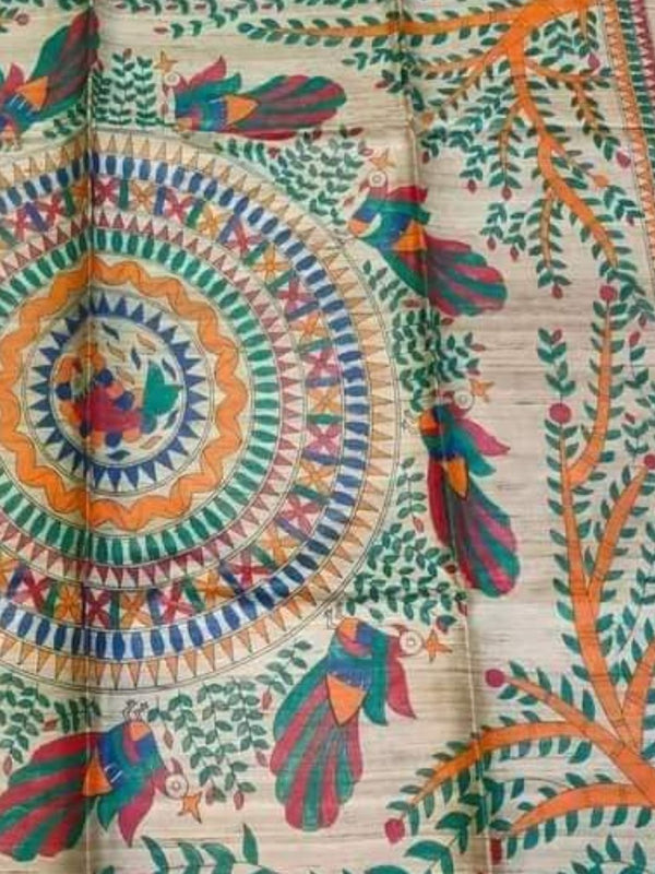 Indiehaat | Ghicha Tussar Madhubani Silk Saree Beige