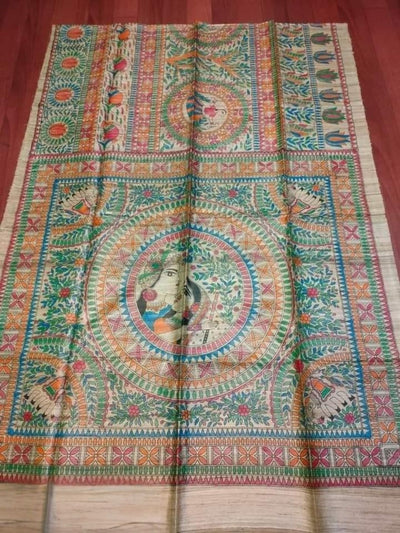 Indiehaat | Ghicha Tussar Madhubani Silk Saree Beige