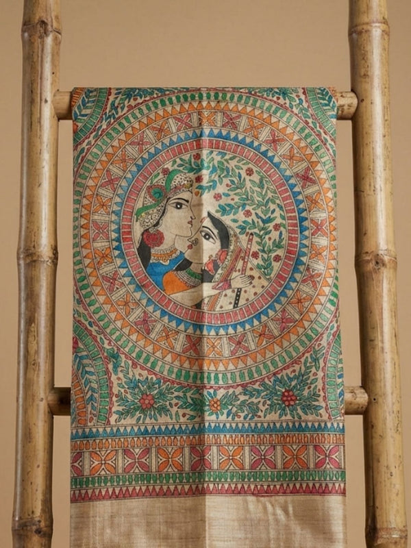 Indiehaat | Ghicha Tussar Madhubani Silk Saree Beige