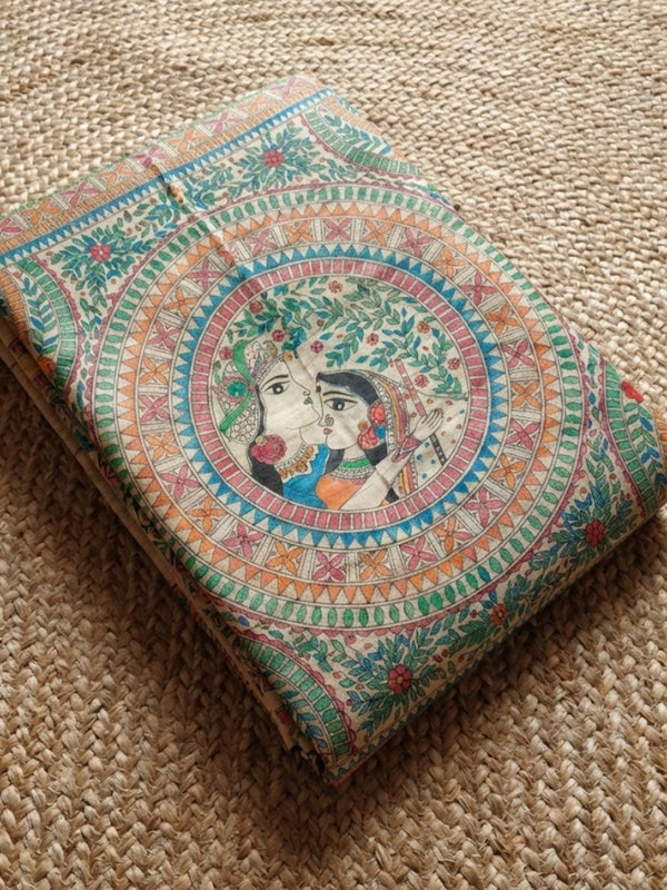 Indiehaat | Ghicha Tussar Madhubani Silk Saree Beige
