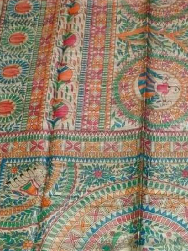 Indiehaat | Ghicha Tussar Madhubani Silk Saree Beige