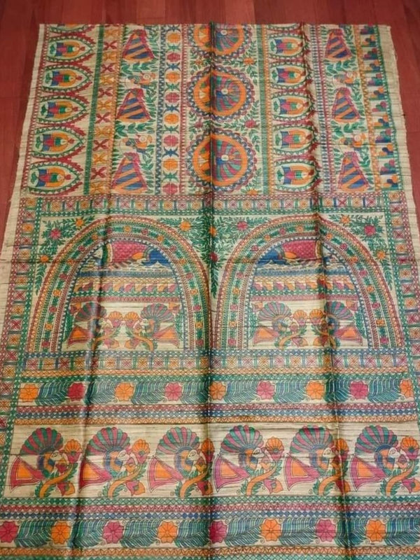 Indiehaat | Ghicha Tussar Madhubani Silk Saree Beige