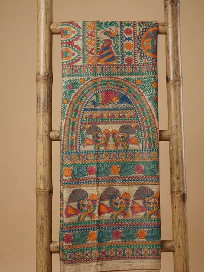Indiehaat | Ghicha Tussar Madhubani Silk Saree Beige