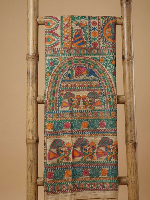 Indiehaat | Ghicha Tussar Madhubani Silk Saree Beige