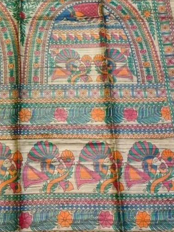 Indiehaat | Ghicha Tussar Madhubani Silk Saree Beige