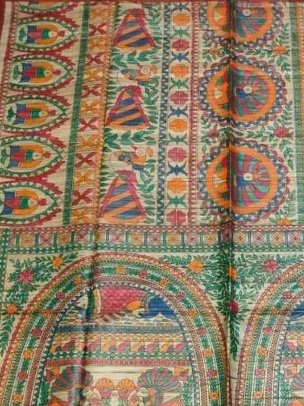 Indiehaat | Ghicha Tussar Madhubani Silk Saree Beige