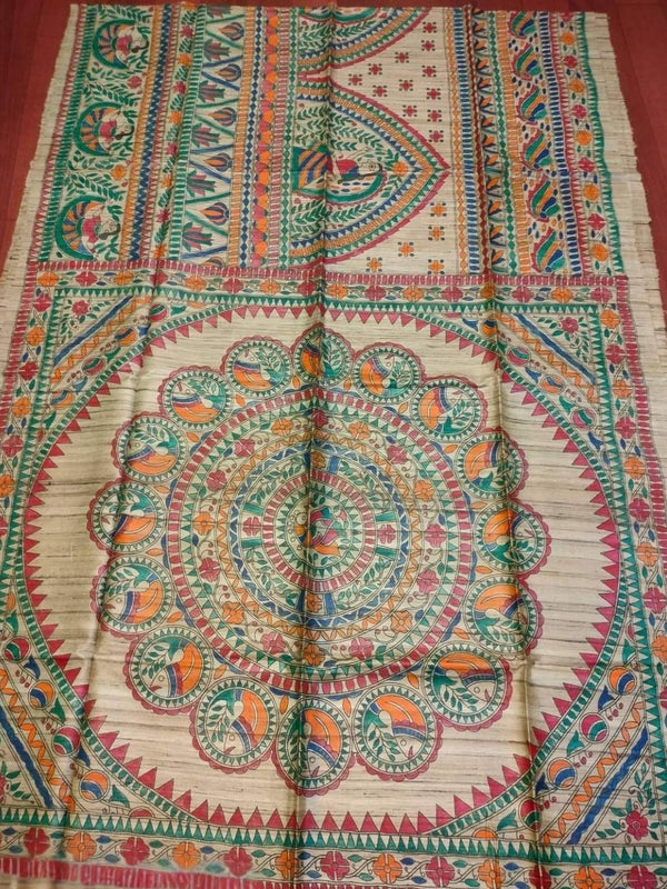 Indiehaat | Ghicha Tussar Madhubani Silk Saree Beige
