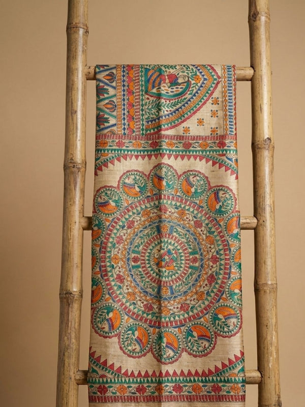 Indiehaat | Ghicha Tussar Madhubani Silk Saree Beige